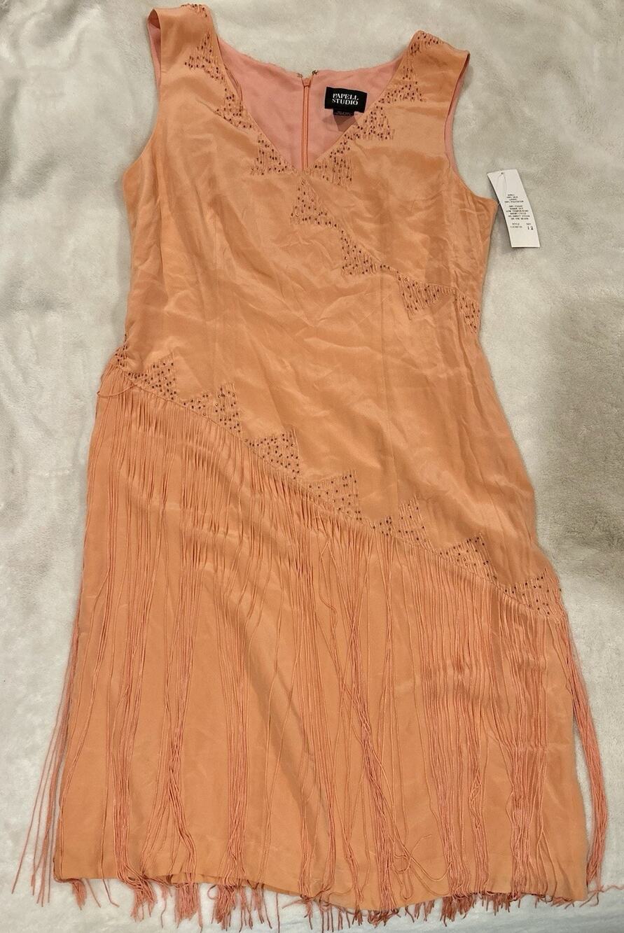 Papell Studio 100% Silk Fringe Beaded Dress – Women’s Size 12 – NWT